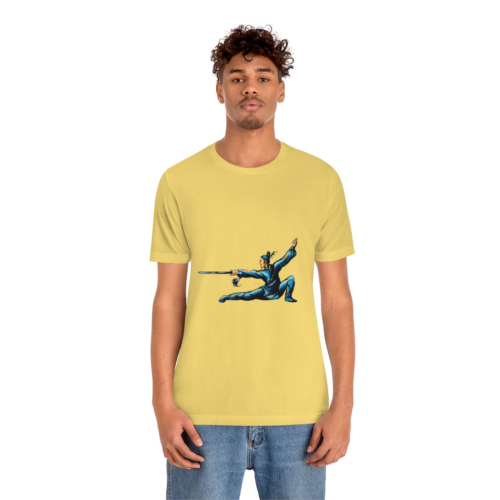Unisex Jersey Short Sleeve Tee "Master of wushu in a blue kimono with a sword on training"