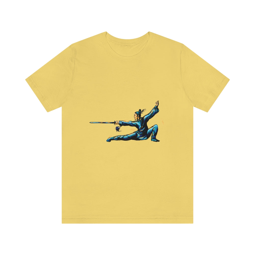 Unisex Jersey Short Sleeve Tee "Master of wushu in a blue kimono with a sword on training"
