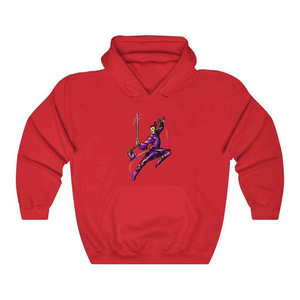 Unisex Heavy Blend™ Hooded Sweatshirt "Master of wushu in a purple kimono with a sword on training"
