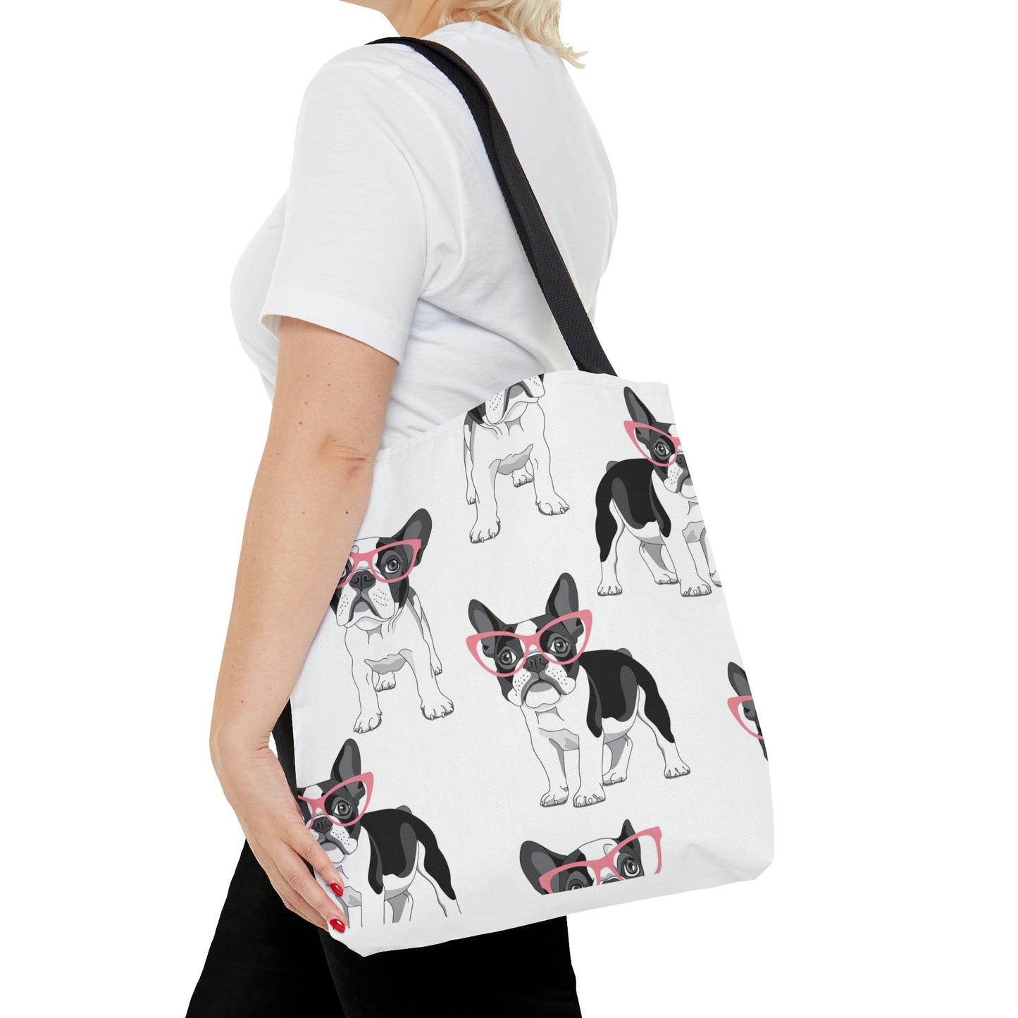 AOP Tote Bag "Pattern with cartoon French Bulldog in a pink glasses"