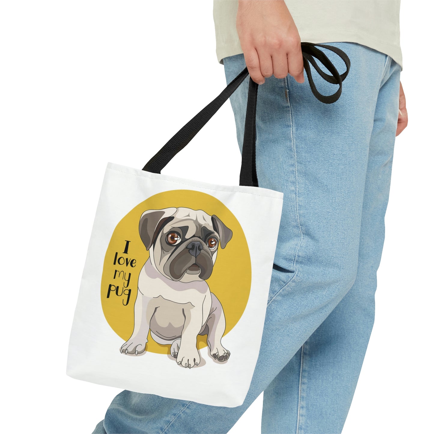 AOP Tote Bag "Puppy Pug on a yellow background"