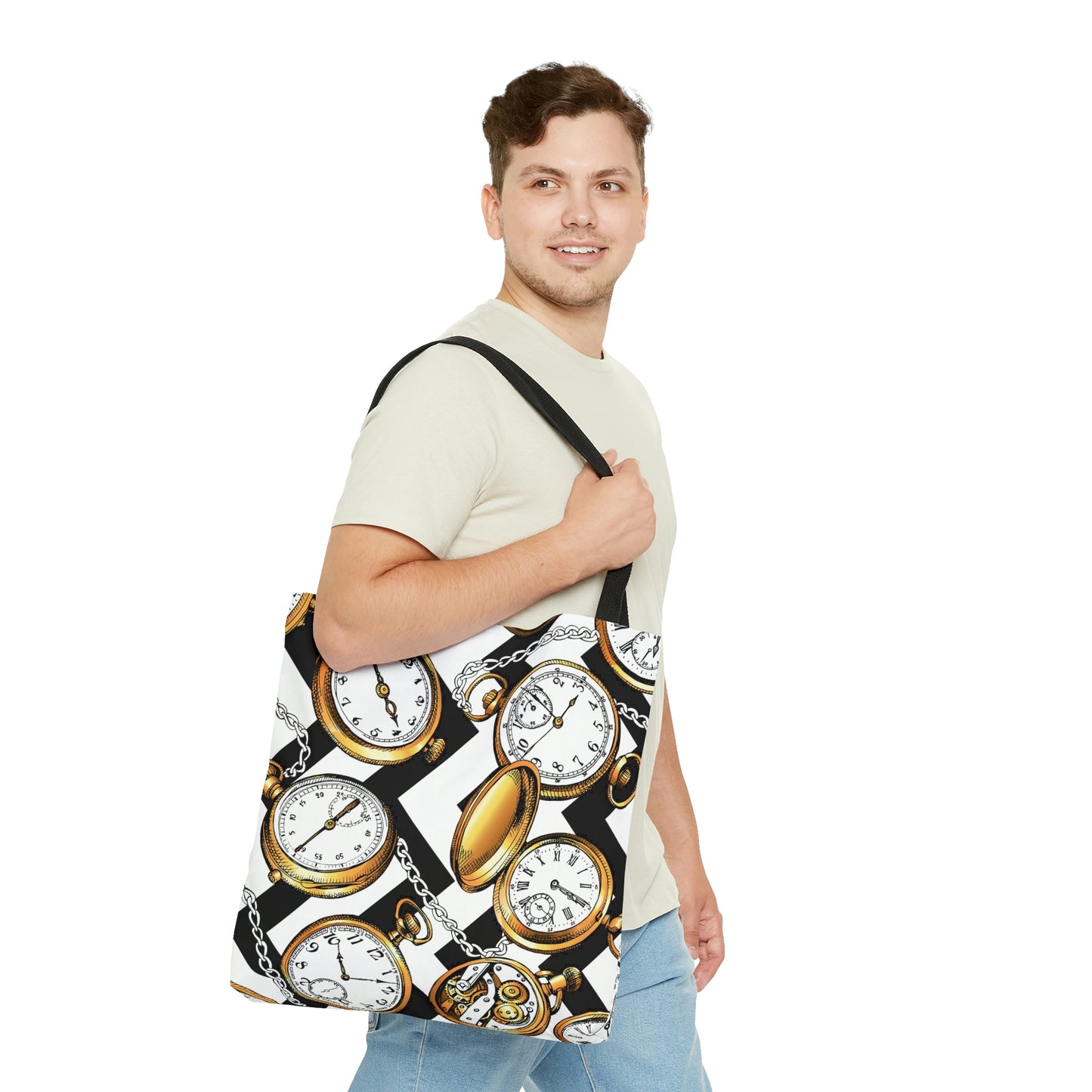 AOP Tote Bag "Gold Vintage watches and a chain on a geometric background"