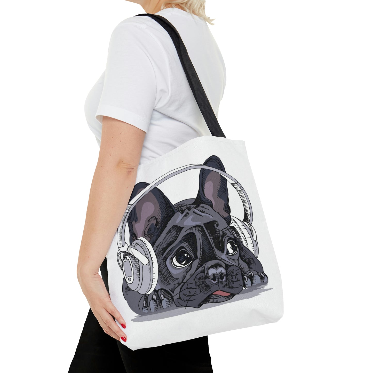 AOP Tote Bag "French bulldog with a headphones"
