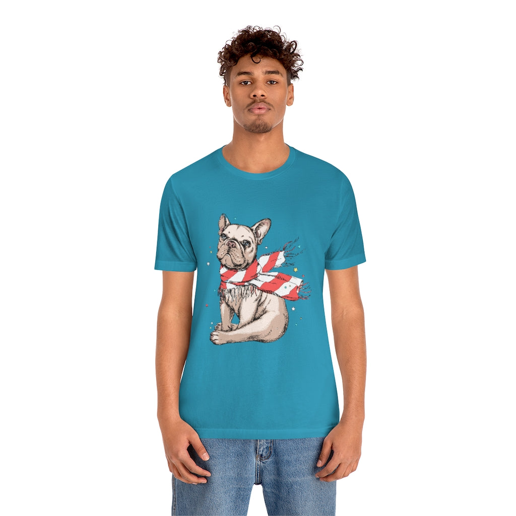 Unisex Jersey Short Sleeve Tee "French bulldog in a striped scarf"