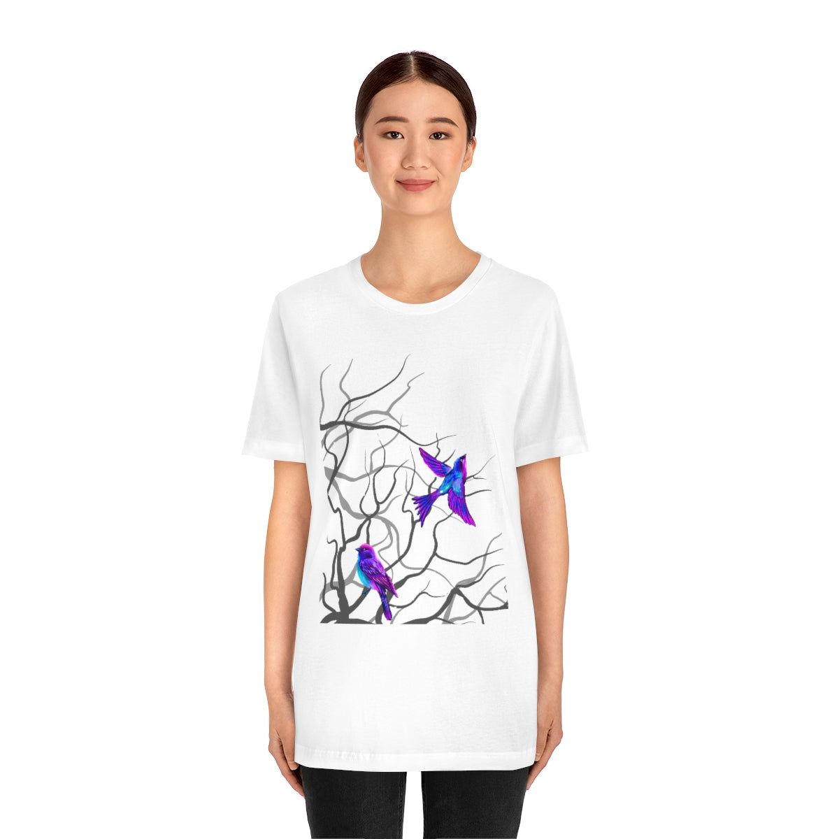 Unisex Jersey Short Sleeve Tee "Multi-colored birds sitting on tree branches"