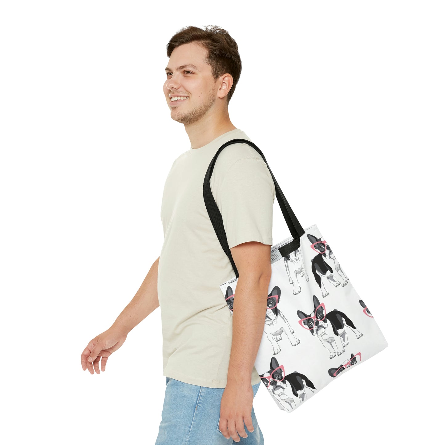 AOP Tote Bag "Pattern with cartoon French Bulldog in a pink glasses"