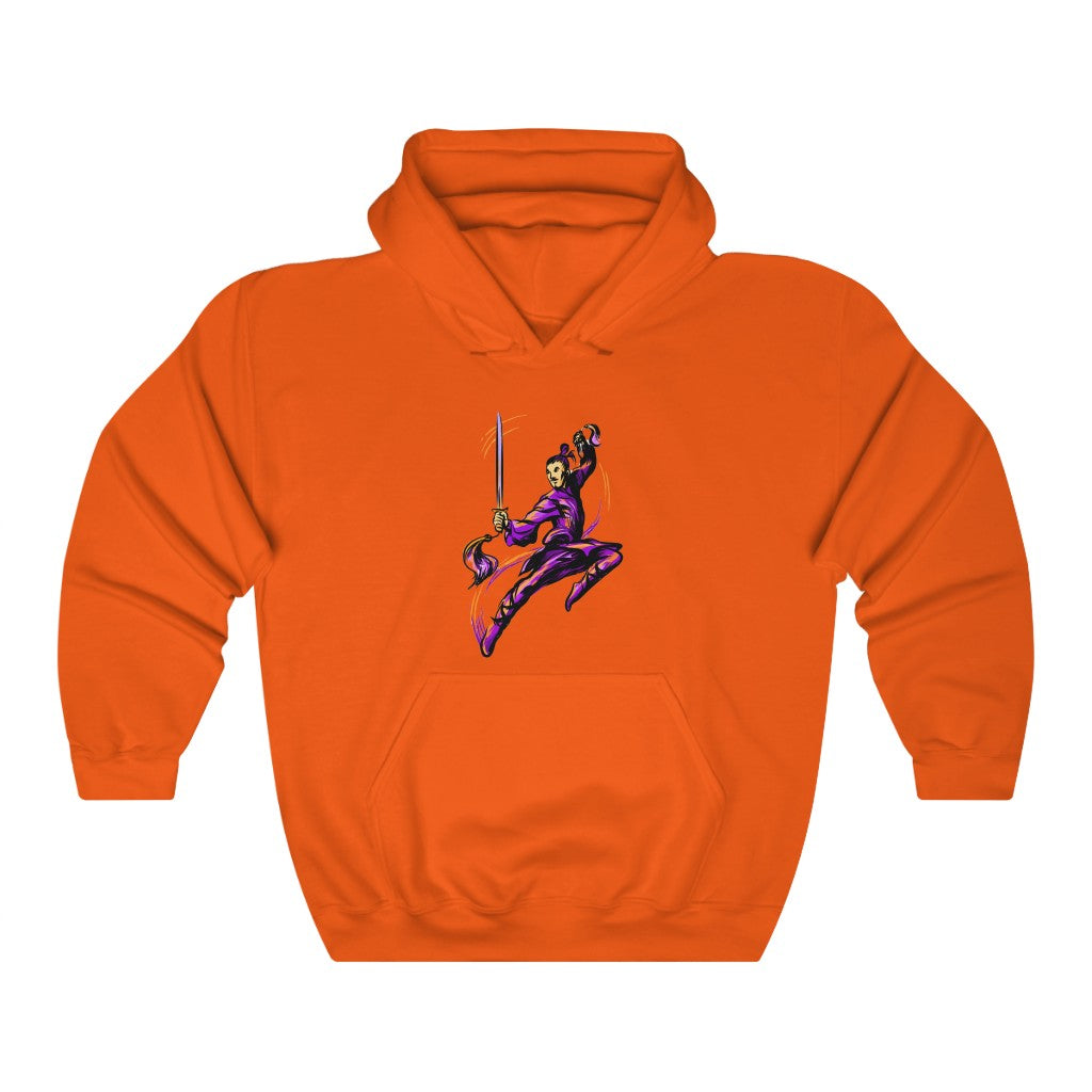 Unisex Heavy Blend™ Hooded Sweatshirt "Master of wushu in a purple kimono with a sword on training"