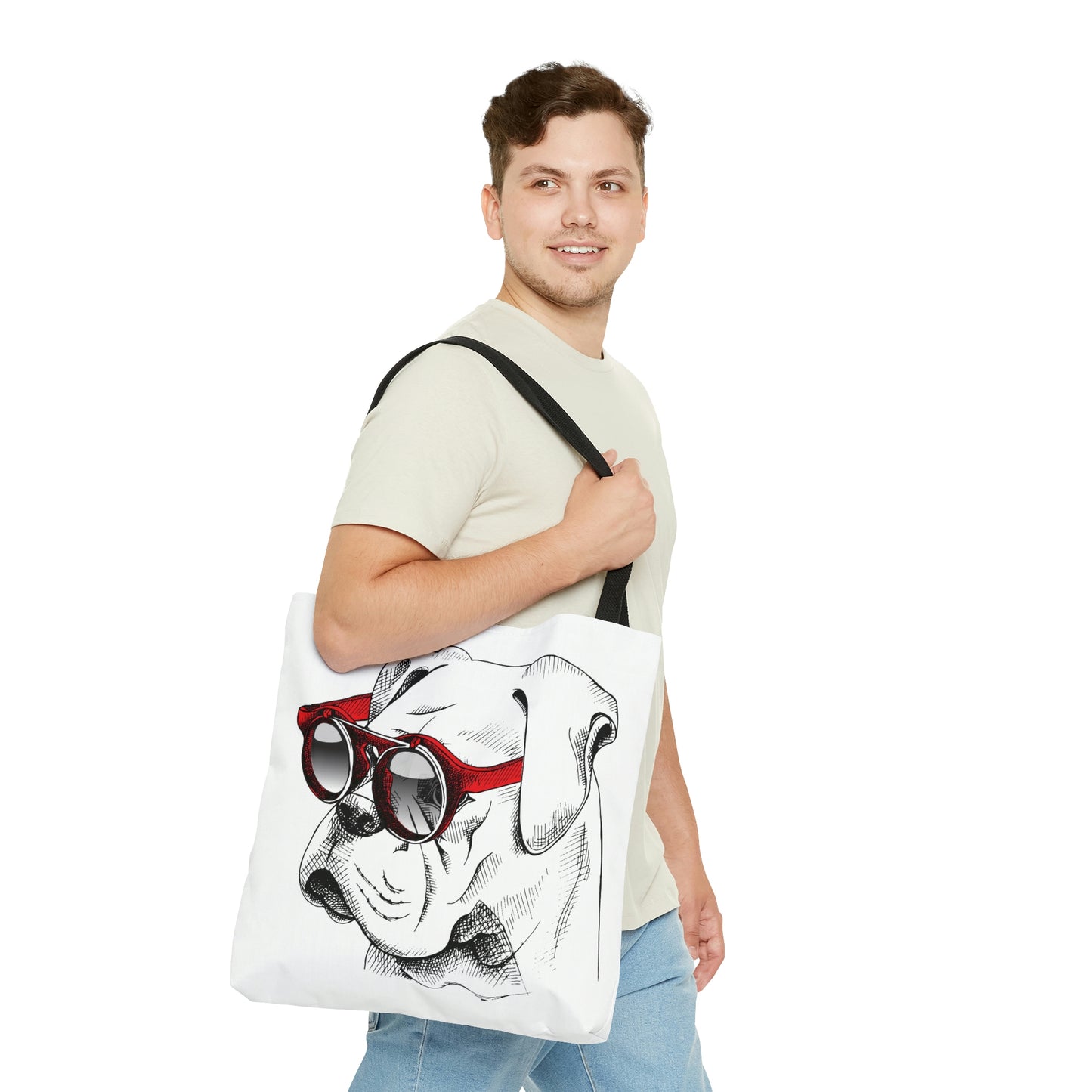 AOP Tote Bag "Bulldog in a red sunglasses"