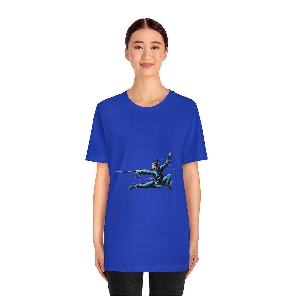 Unisex Jersey Short Sleeve Tee "Master of wushu in a blue kimono with a sword on training"
