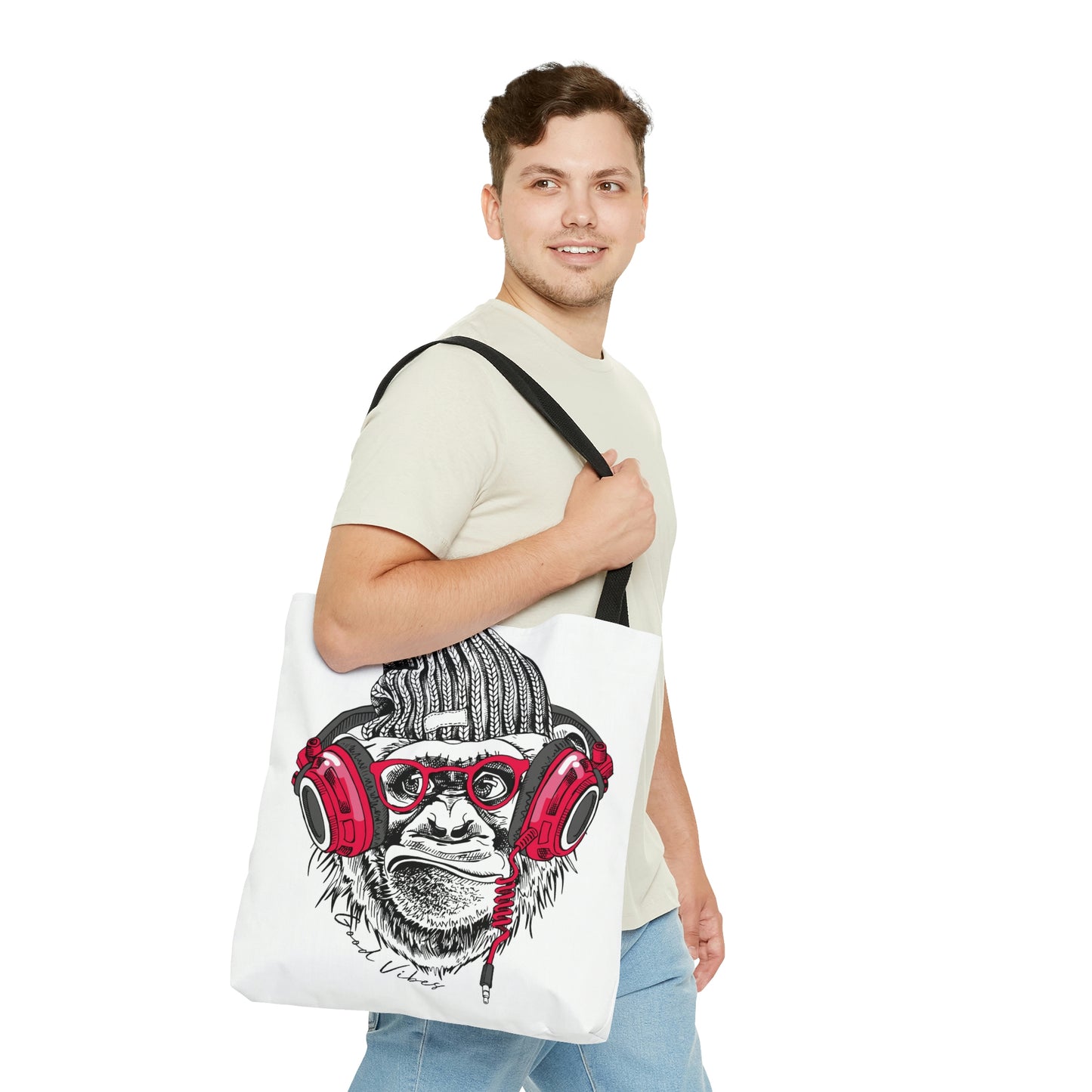 AOP Tote Bag "Funny Monkey and pink headphones"