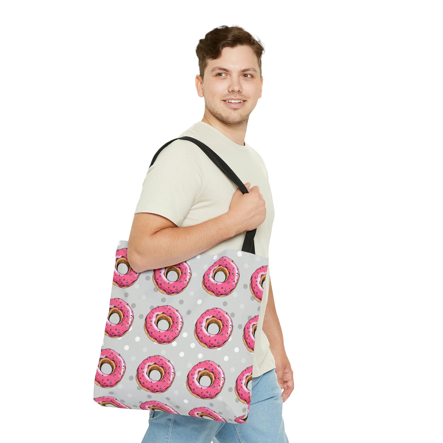 AOP Tote Bag "Pink donuts on the grey background"