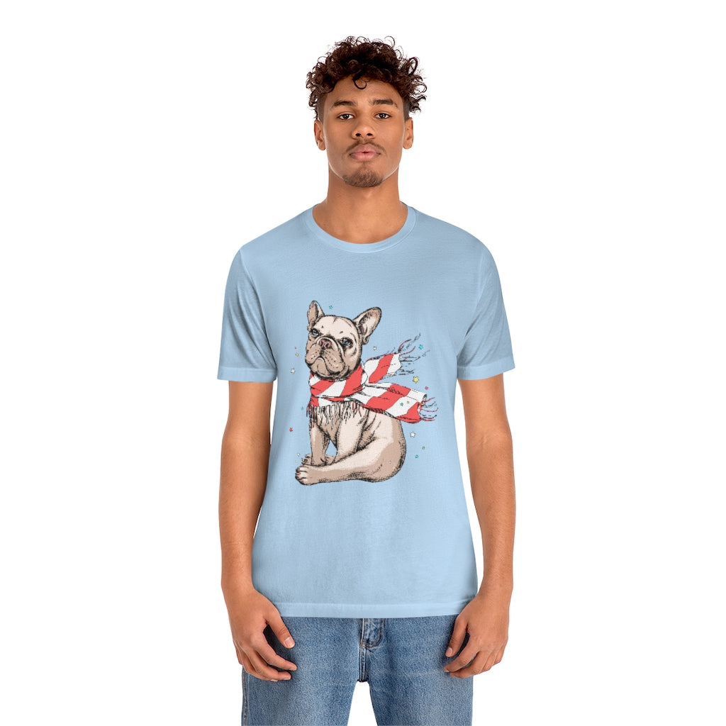 Unisex Jersey Short Sleeve Tee "French bulldog in a striped scarf"