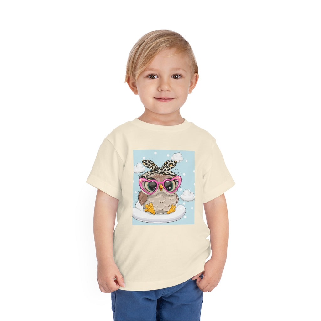 Kids Short Sleeve Tee "Cute Cartoon Owl in pink glasses on the cloud"
