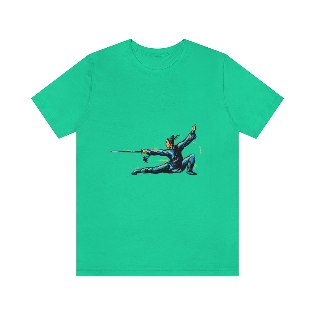 Unisex Jersey Short Sleeve Tee "Master of wushu in a blue kimono with a sword on training"