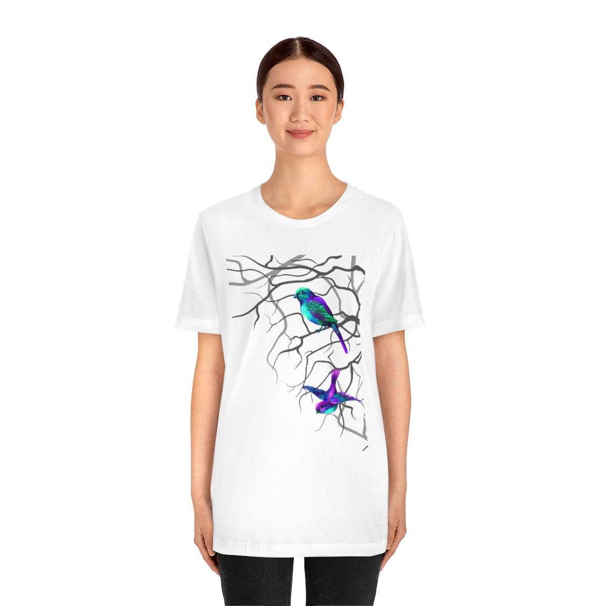 Unisex Jersey Short Sleeve Tee "Multi-colored birds sitting on tree branches"