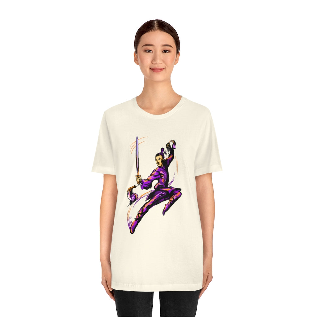 Unisex Jersey Short Sleeve Tee "Master of wushu in a purple kimono with a sword on training"
