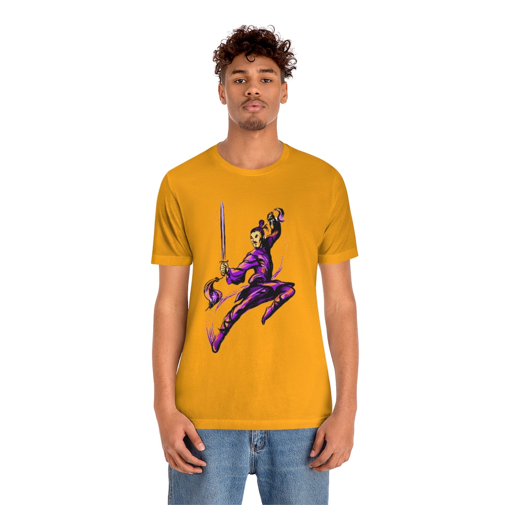 Unisex Jersey Short Sleeve Tee "Master of wushu in a purple kimono with a sword on training"