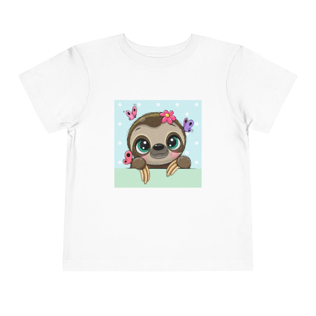 Kids Short Sleeve Tee "Cute Cartoon Sloth with butterflies on a blue background"