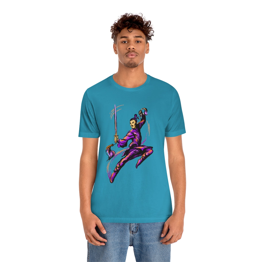 Unisex Jersey Short Sleeve Tee "Master of wushu in a purple kimono with a sword on training"