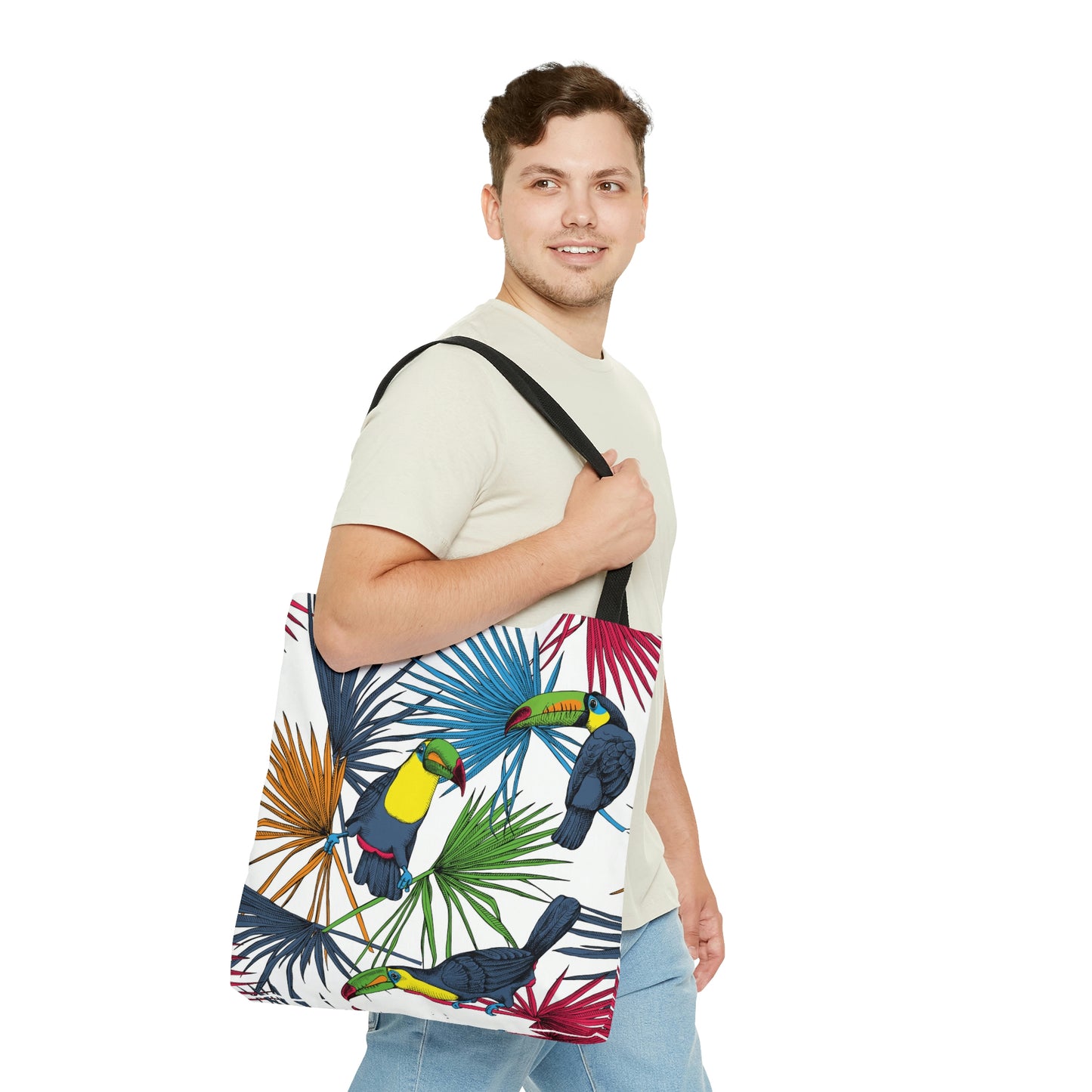 AOP Tote Bag "Tropical leaves, palm and Toucan birds"