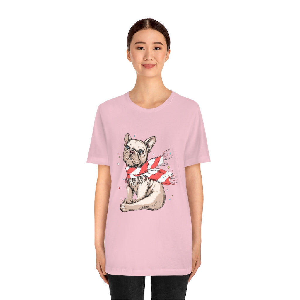 Unisex Jersey Short Sleeve Tee "French bulldog in a striped scarf"
