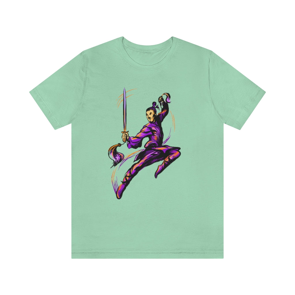 Unisex Jersey Short Sleeve Tee "Master of wushu in a purple kimono with a sword on training"