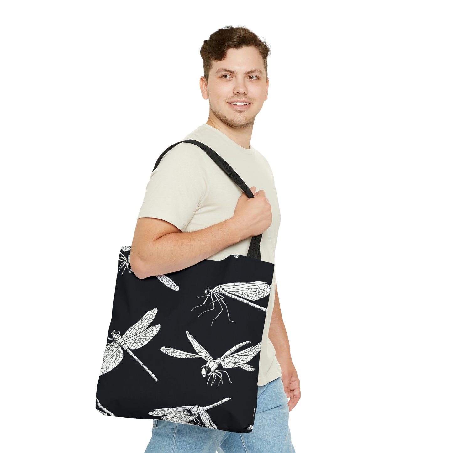 AOP Tote Bag "White dragonflies on a black background"