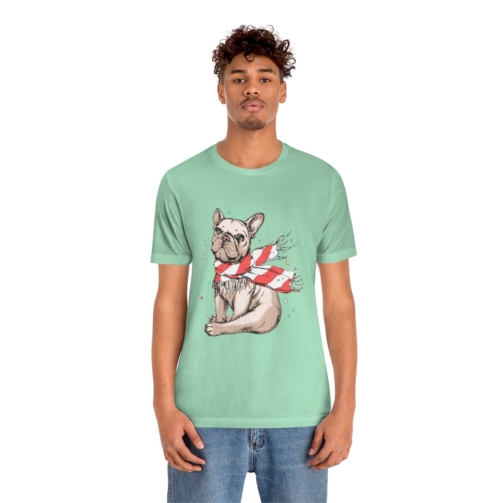 Unisex Jersey Short Sleeve Tee "French bulldog in a striped scarf"