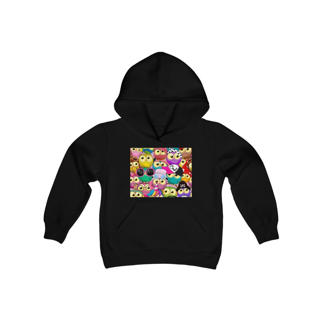 Youth Heavy Blend Hooded Sweatshirt "Colorful Pattern with cute cartoon owls"