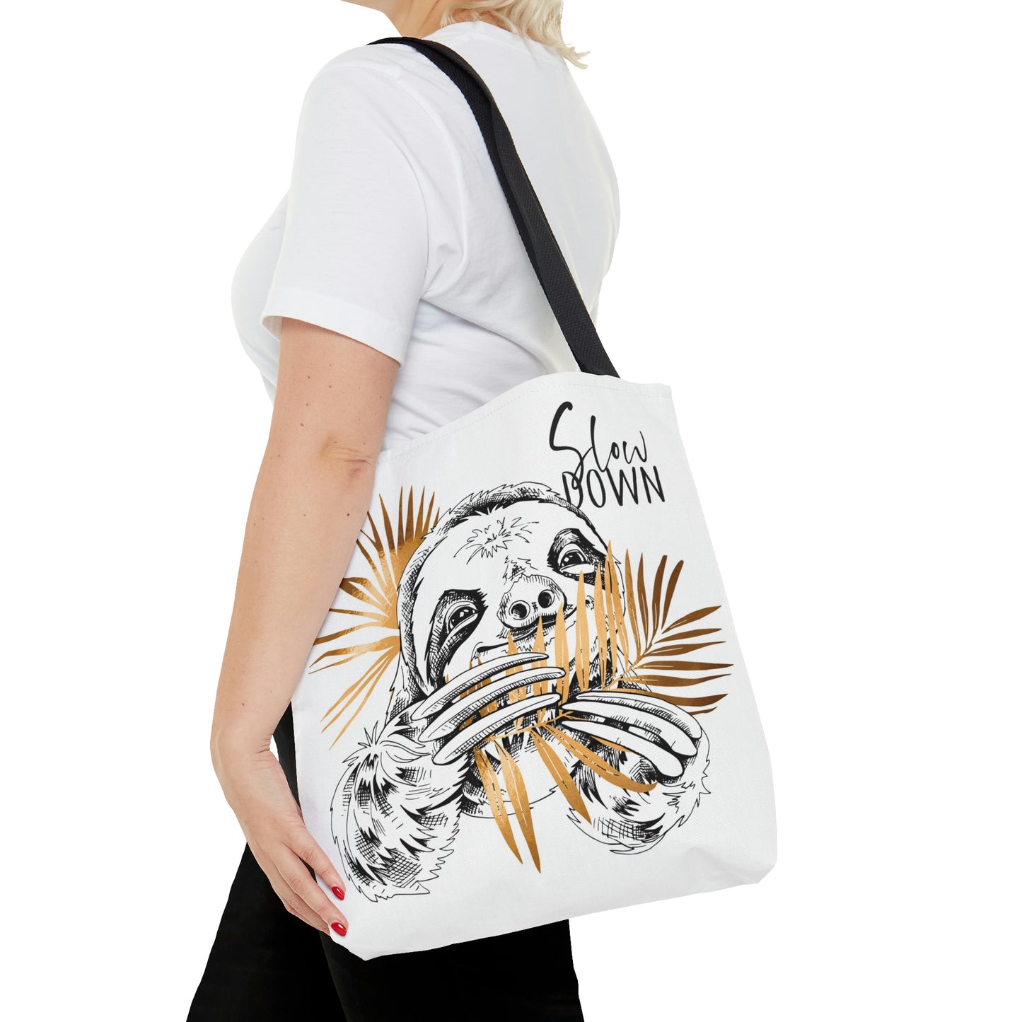 AOP Tote Bag "Cute Sloth with gold palm leaves. Slow down"
