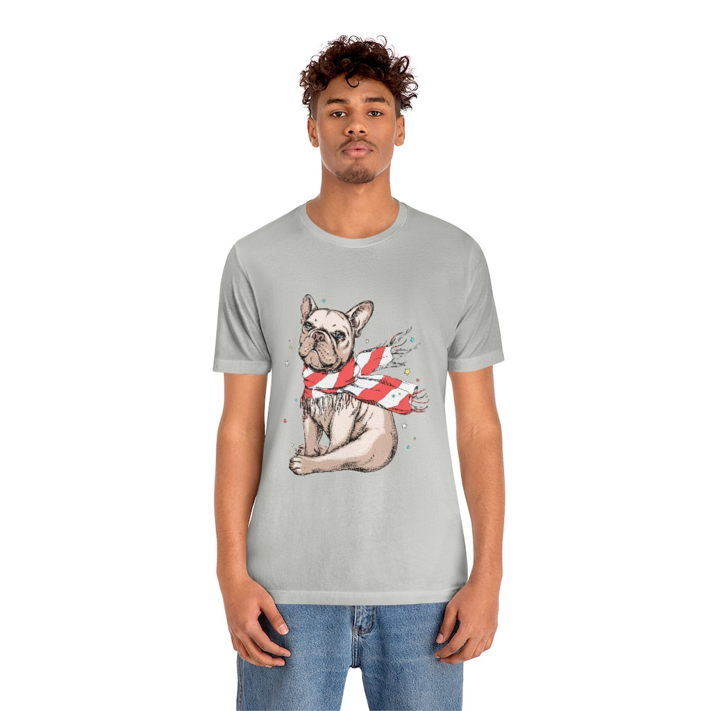 Unisex Jersey Short Sleeve Tee "French bulldog in a striped scarf"