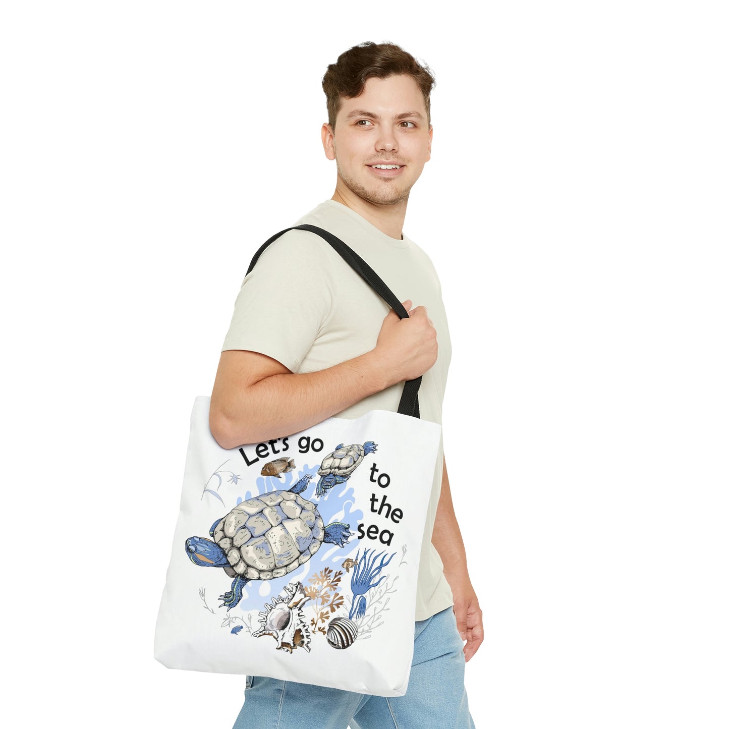AOP Tote Bag "Two Turtle, corals, shells and fishes in the sea"