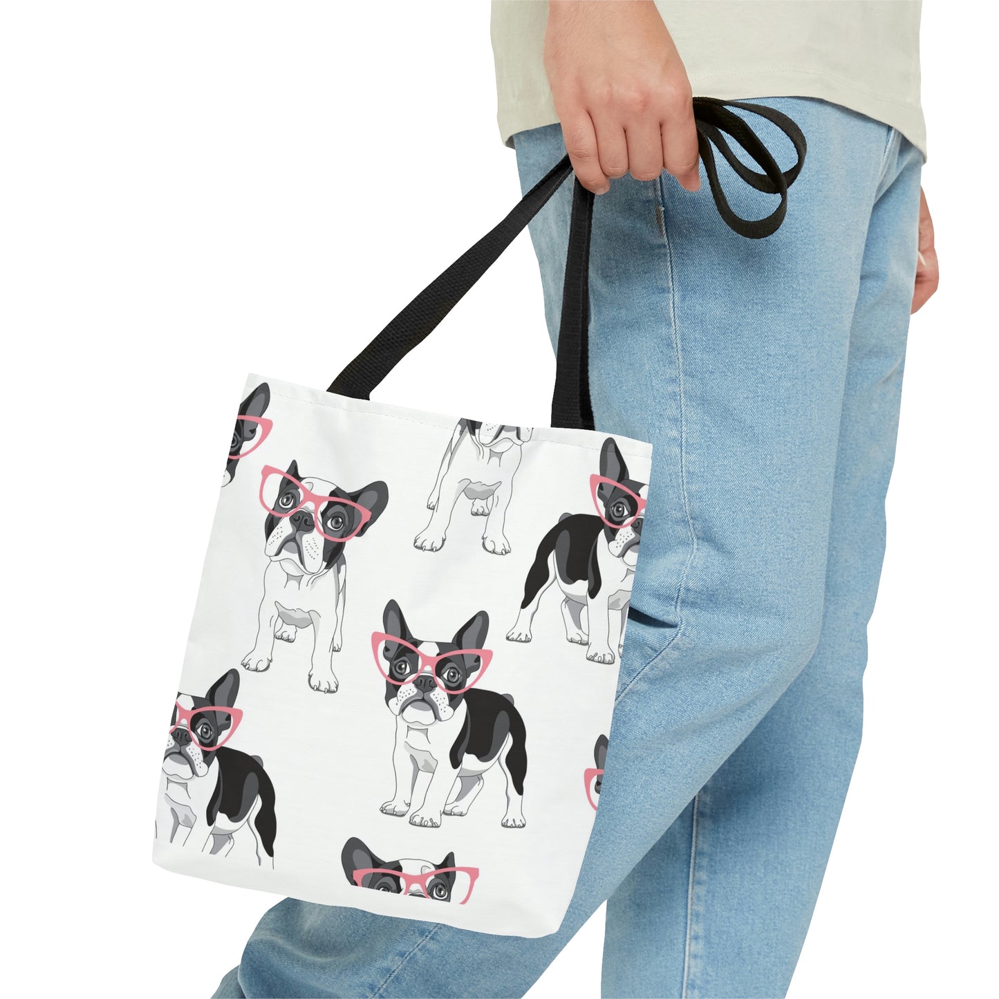 AOP Tote Bag "Pattern with cartoon French Bulldog in a pink glasses"