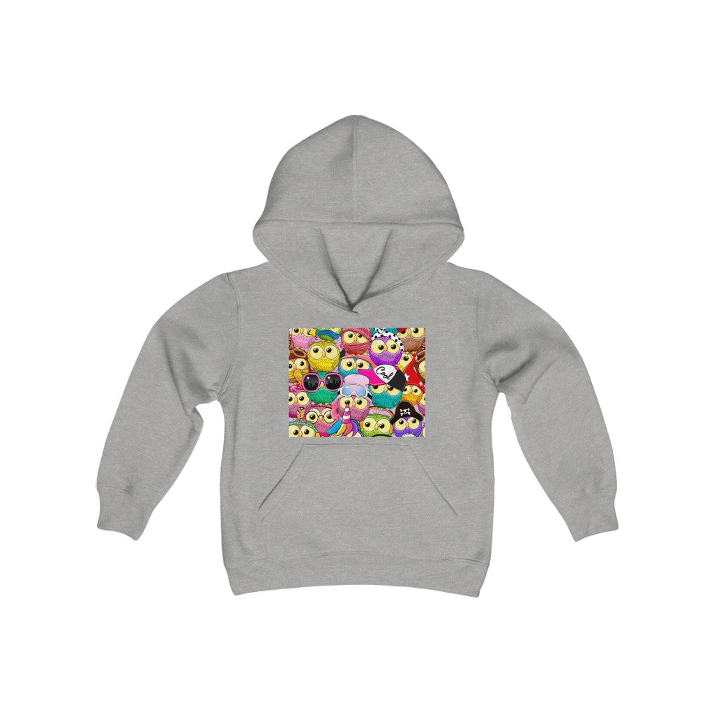 Youth Heavy Blend Hooded Sweatshirt "Colorful Pattern with cute cartoon owls"