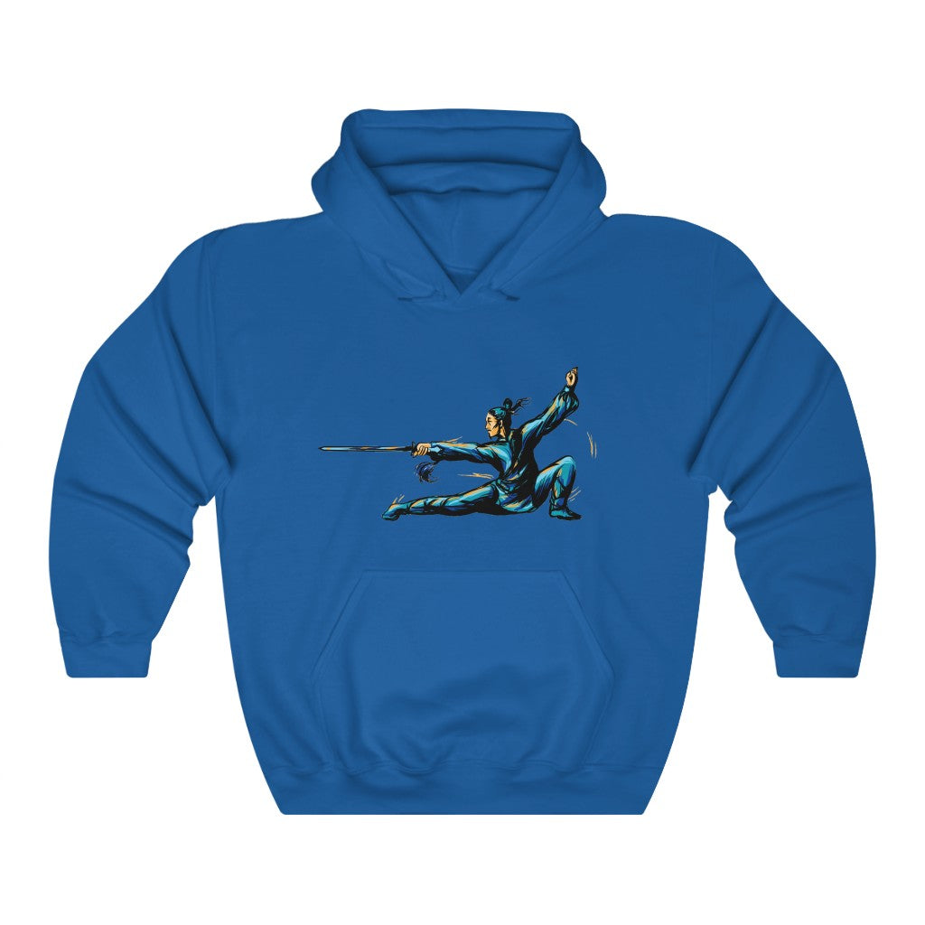 Unisex Heavy Blend™ Hooded Sweatshirt "Master of wushu in a blue kimono with a sword on training"