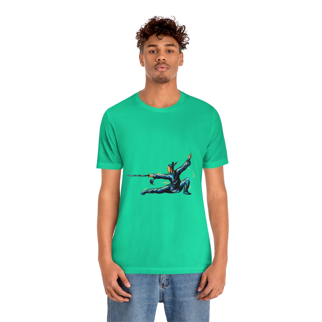 Unisex Jersey Short Sleeve Tee "Master of wushu in a blue kimono with a sword on training"