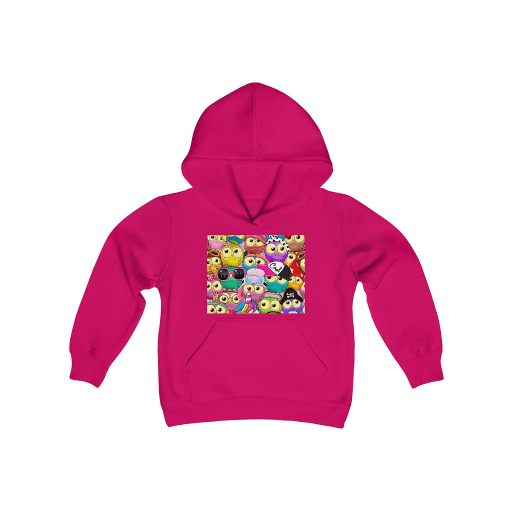 Youth Heavy Blend Hooded Sweatshirt "Colorful Pattern with cute cartoon owls"