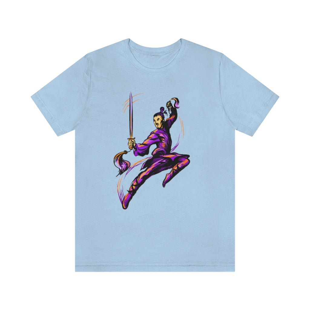 Unisex Jersey Short Sleeve Tee "Master of wushu in a purple kimono with a sword on training"