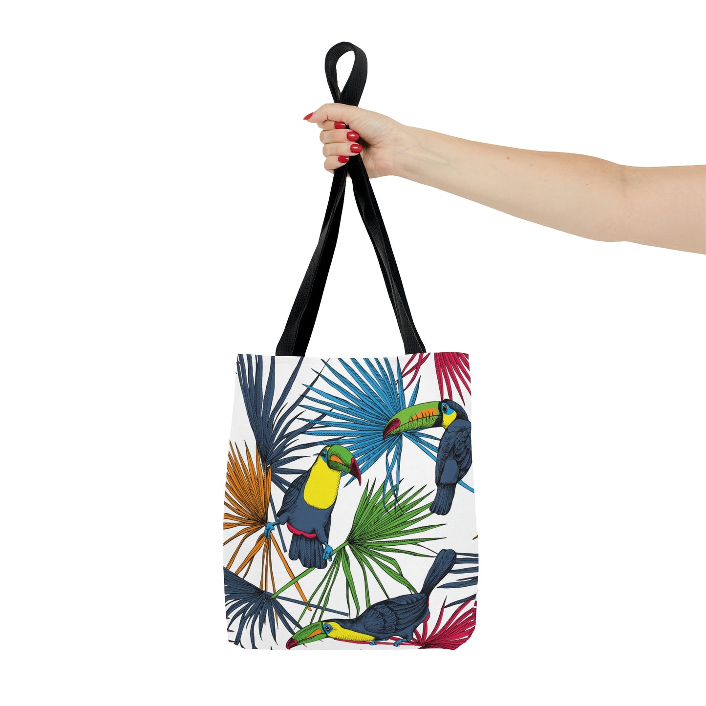 AOP Tote Bag "Tropical leaves, palm and Toucan birds"