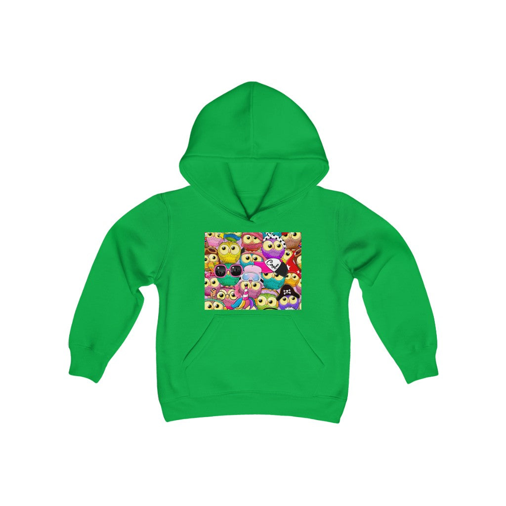 Youth Heavy Blend Hooded Sweatshirt "Colorful Pattern with cute cartoon owls"
