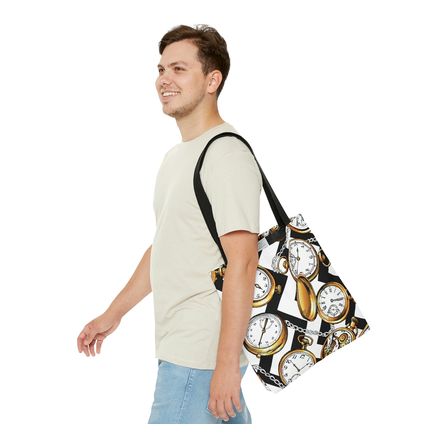 AOP Tote Bag "Gold Vintage watches and a chain on a geometric background"
