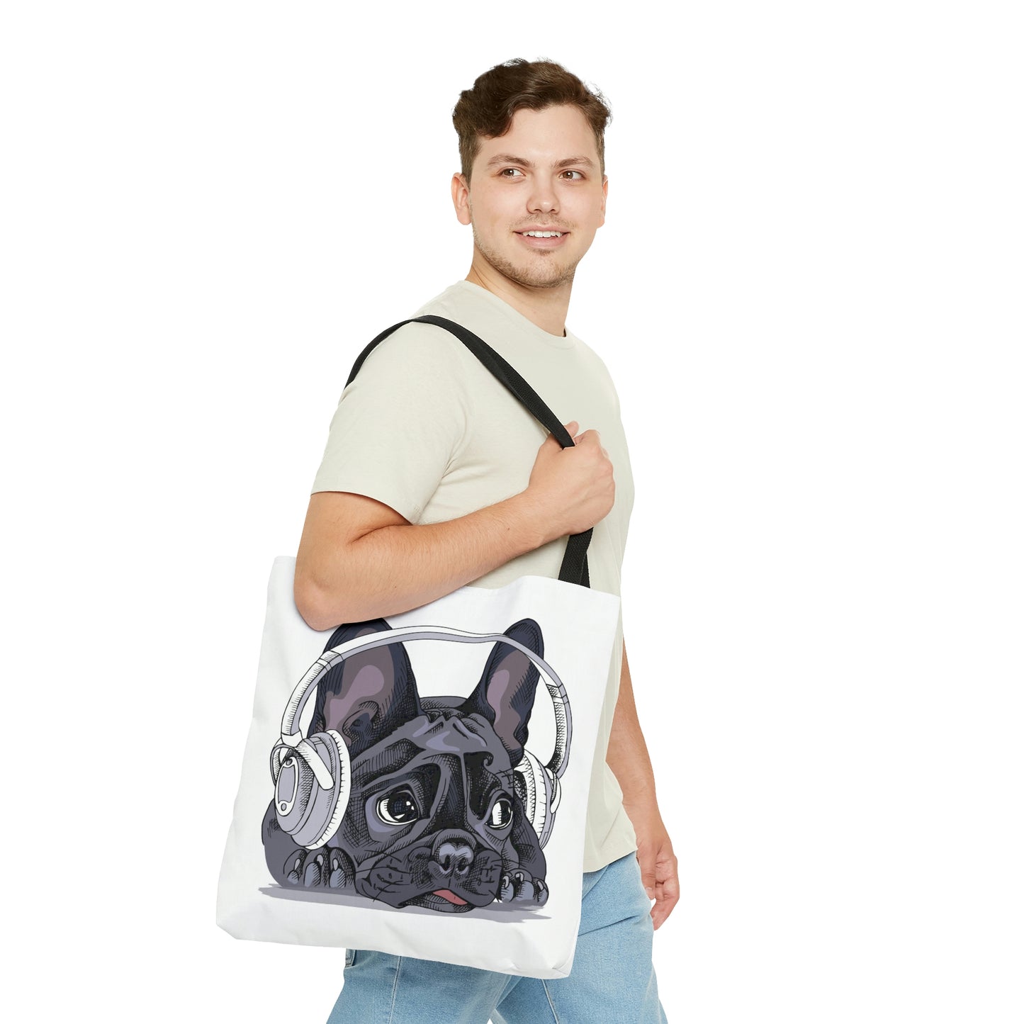 AOP Tote Bag "French bulldog with a headphones"