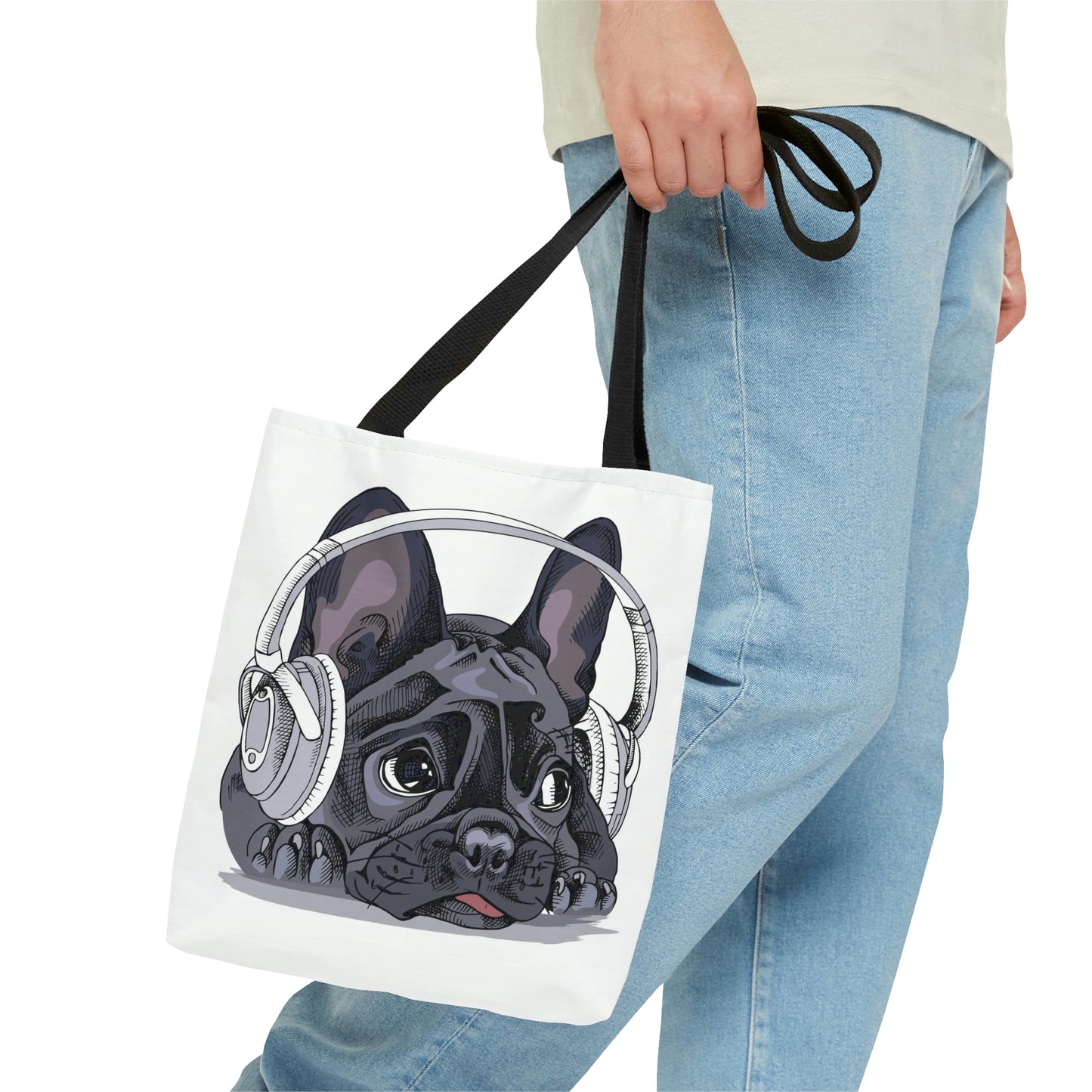 AOP Tote Bag "French bulldog with a headphones"