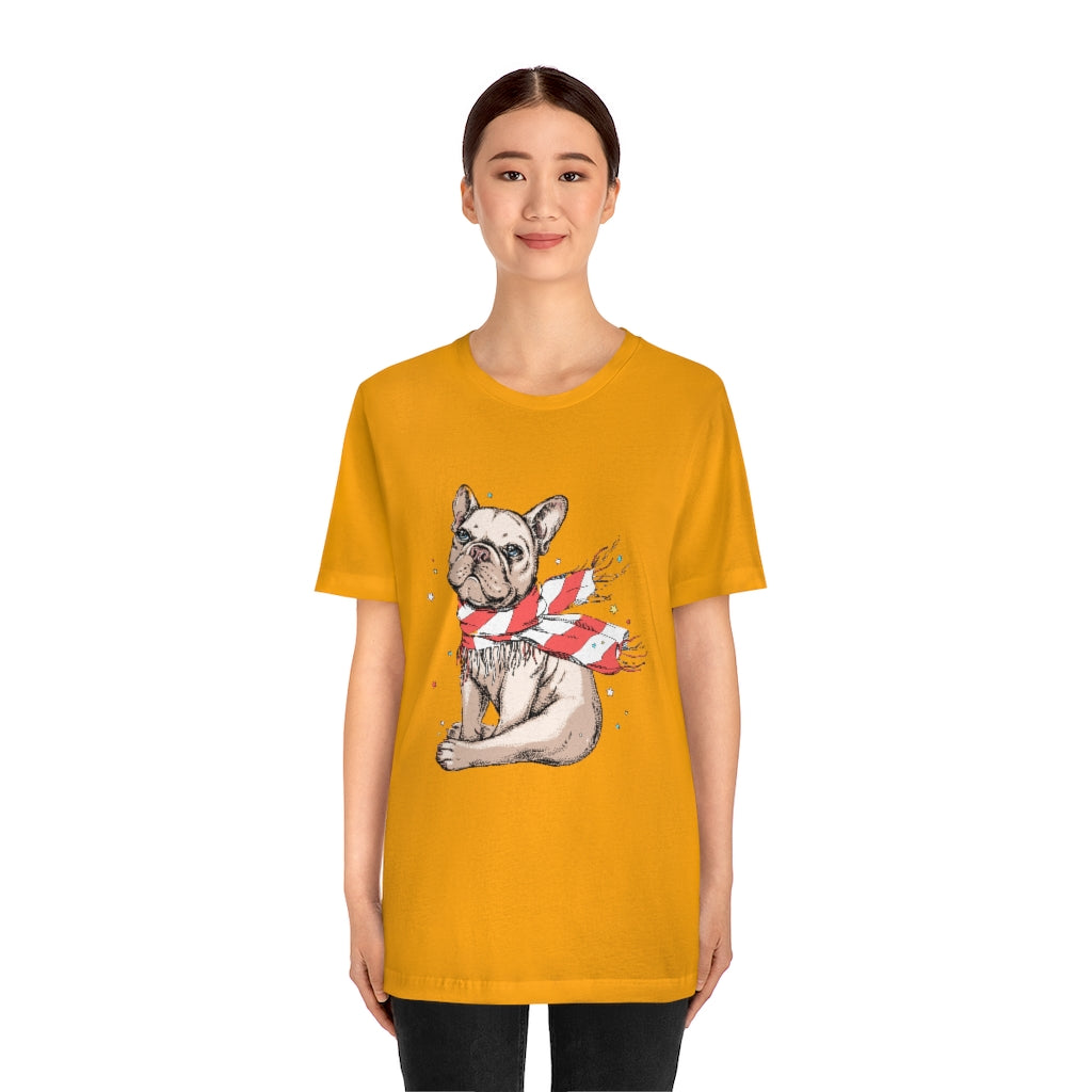 Unisex Jersey Short Sleeve Tee "French bulldog in a striped scarf"