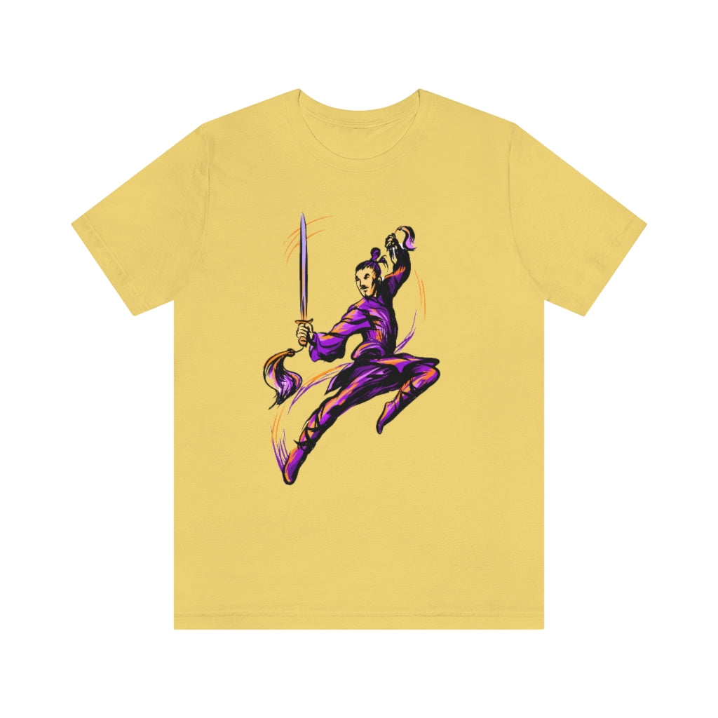 Unisex Jersey Short Sleeve Tee "Master of wushu in a purple kimono with a sword on training"