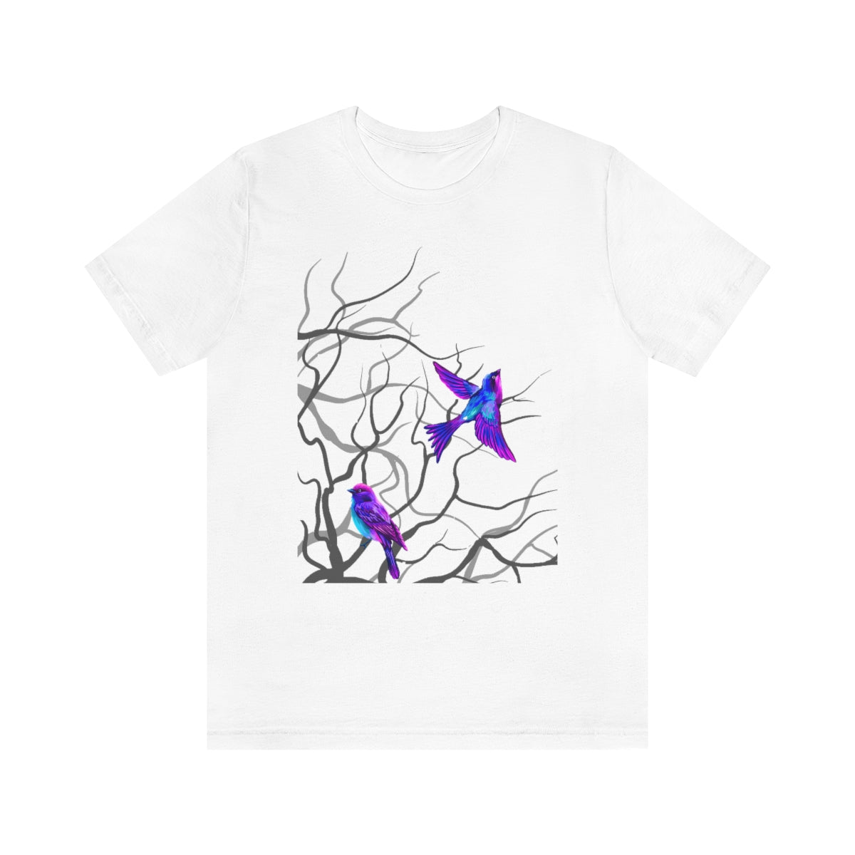 Unisex Jersey Short Sleeve Tee "Multi-colored birds sitting on tree branches"