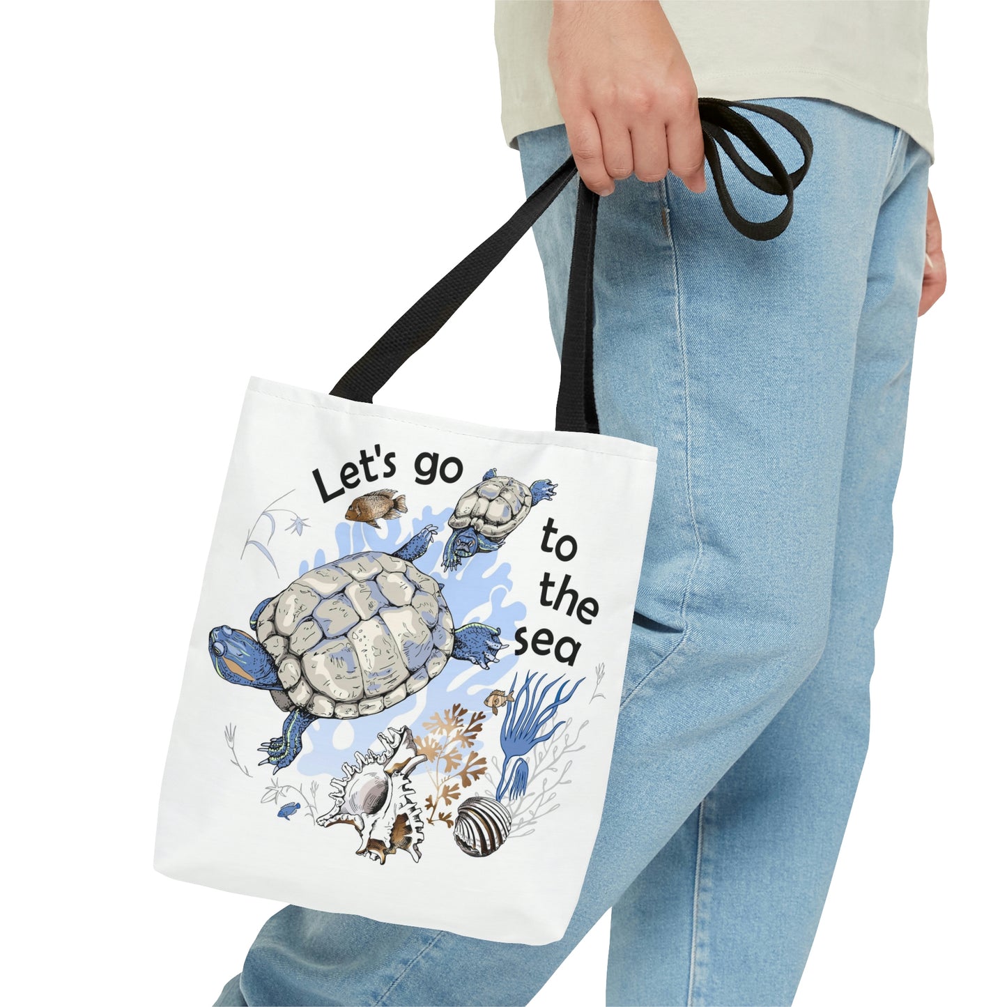 AOP Tote Bag "Two Turtle, corals, shells and fishes in the sea"