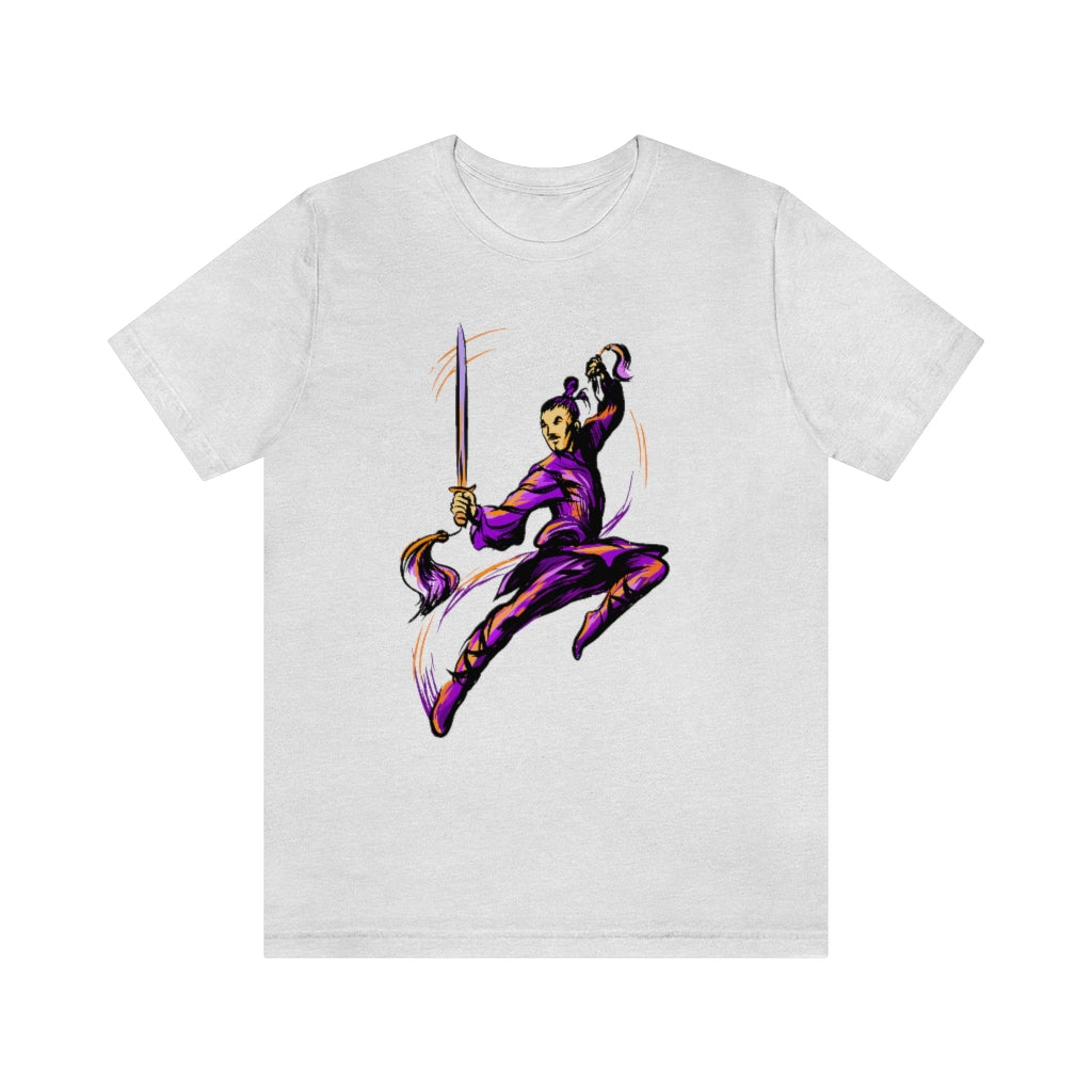 Unisex Jersey Short Sleeve Tee "Master of wushu in a purple kimono with a sword on training"