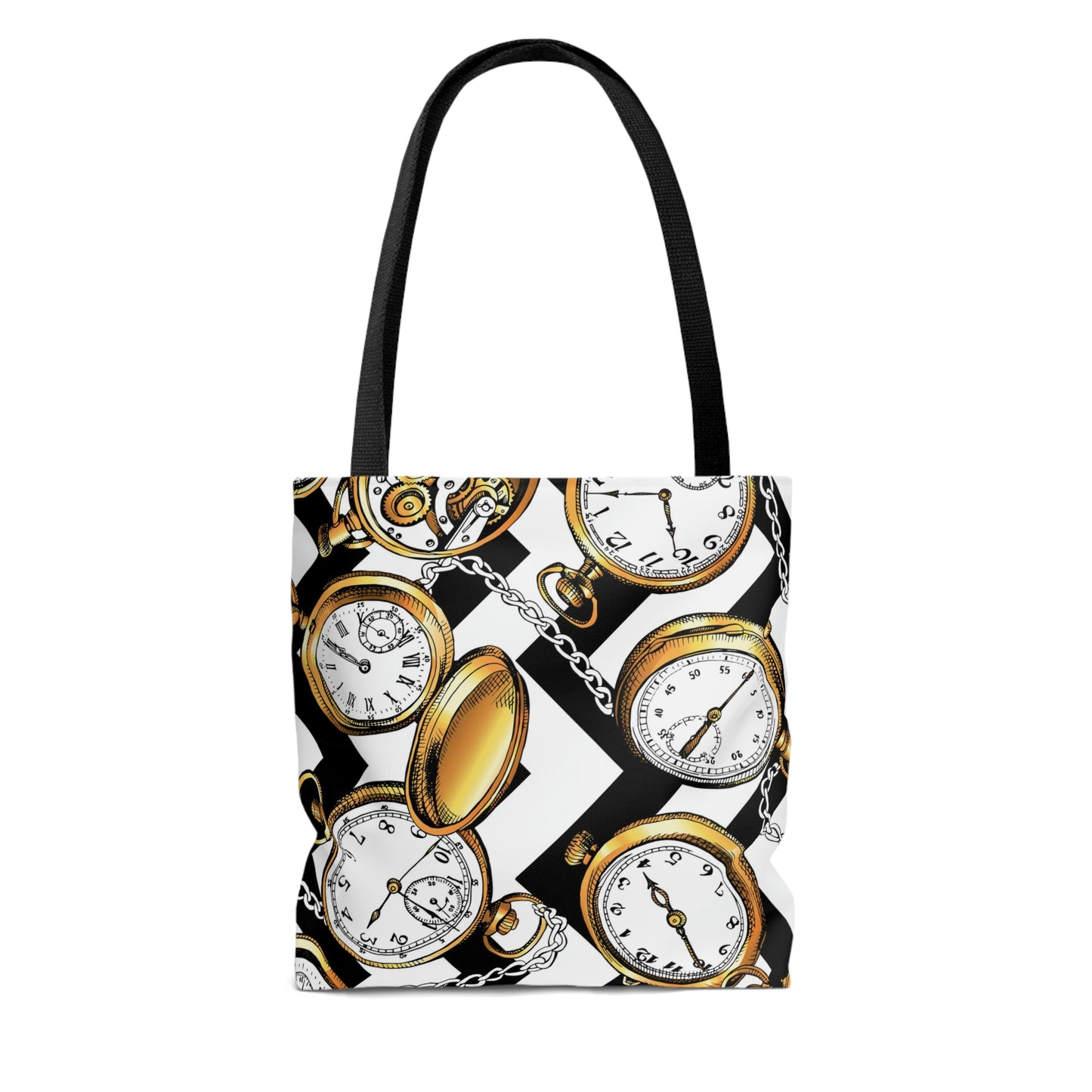 AOP Tote Bag "Gold Vintage watches and a chain on a geometric background"
