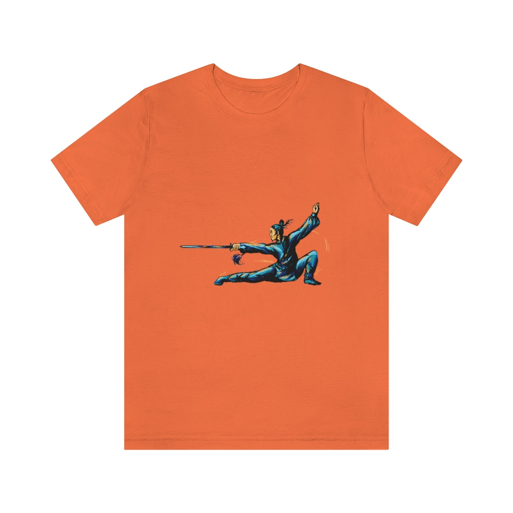 Unisex Jersey Short Sleeve Tee "Master of wushu in a blue kimono with a sword on training"